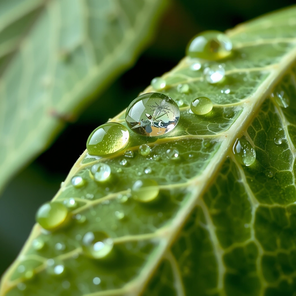 A vibrant green leaf with water droplets, symbolizing naturalness.