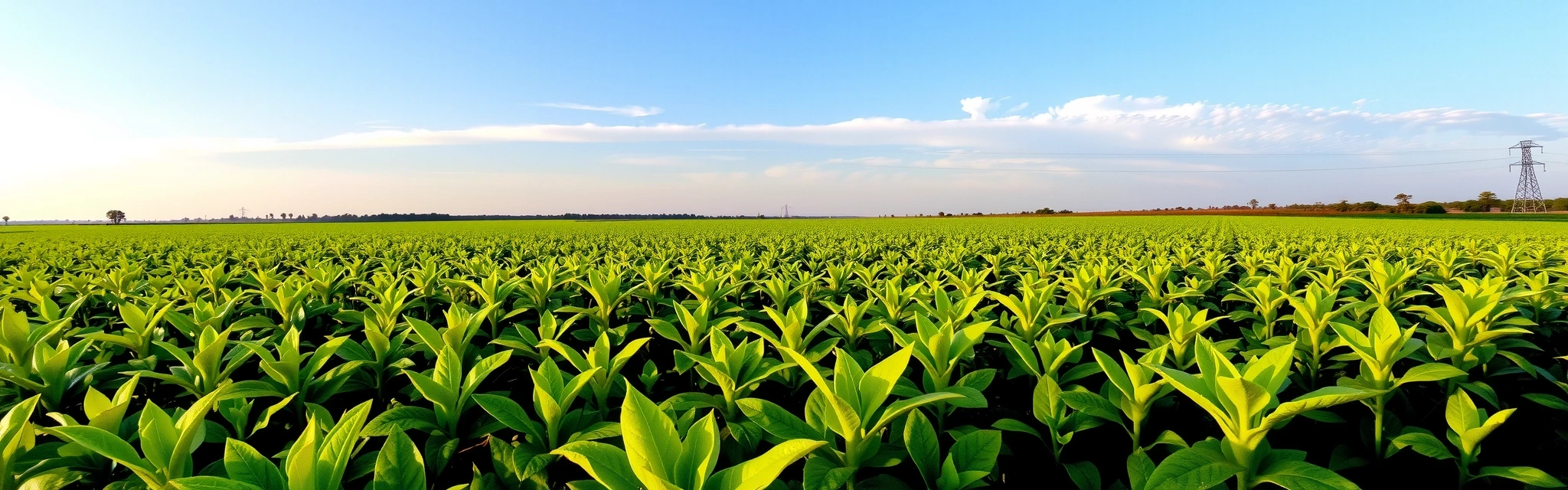 Lush green organic fields under a clear blue sky, symbolizing purity and natural growth.