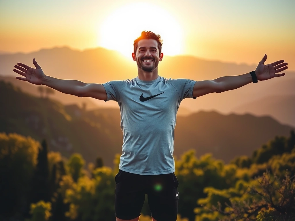 Man in nature, full of vitality and energy, representing men's health supplements.